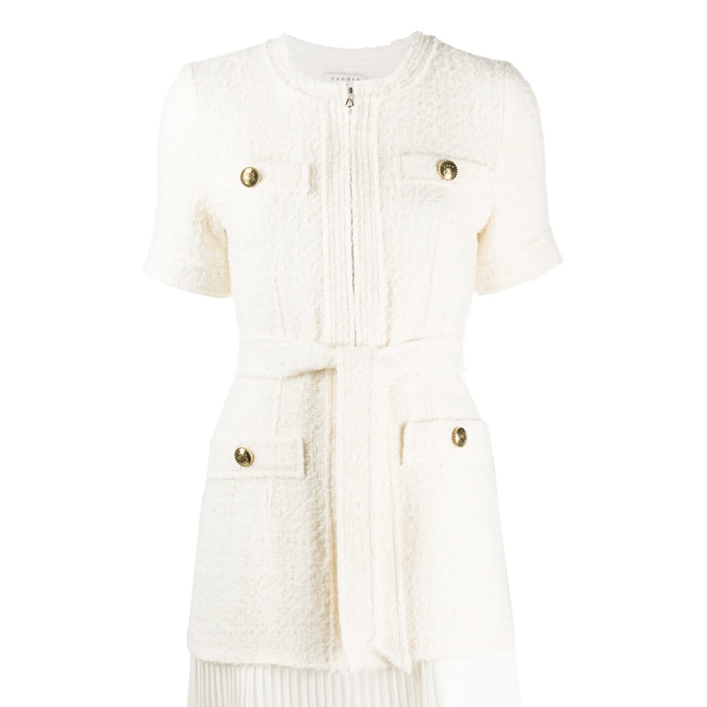 Sandro Ivory Tweed Mini Dress with Gold Buttons